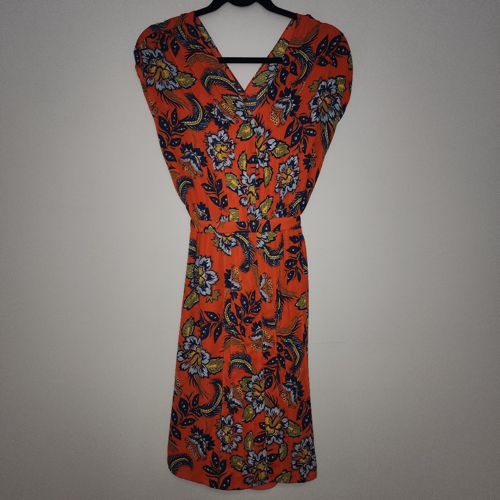 Lands’ End Orange Floral Pin-tuck V Neck‎ Short Sleeve Midi Dress 12p